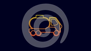 Glowing neon line Tanker truck icon isolated on blue background. Petroleum tanker, petrol truck, cistern, oil trailer