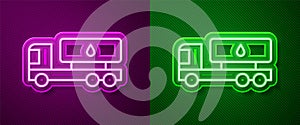 Glowing neon line Tanker truck icon isolated on purple and green background. Petroleum tanker, petrol truck, cistern