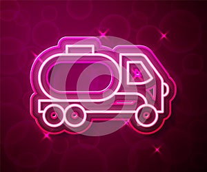 Glowing neon line Tanker truck icon isolated on red background. Petroleum tanker, petrol truck, cistern, oil trailer