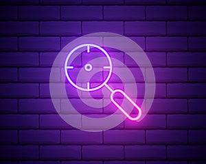 Glowing neon line Target financial goal concept with magnifying glass icon isolated on brick wall background. Symbolic