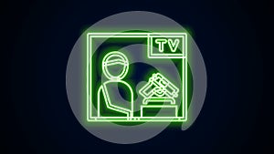 Glowing neon line Television advertising weapon icon isolated on black background. Police or military handgun. Small
