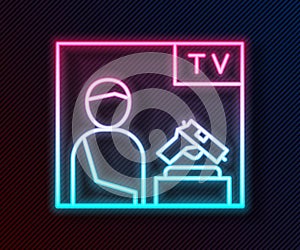 Glowing neon line Television advertising weapon icon isolated on black background. Police or military handgun. Small