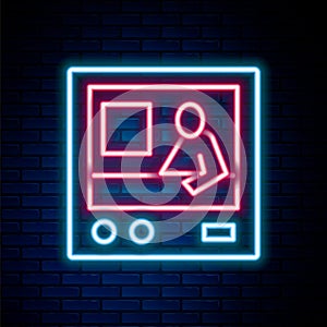 Glowing neon line Television report icon isolated on brick wall background. TV news. Colorful outline concept. Vector