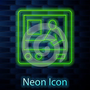 Glowing neon line Television report icon isolated on brick wall background. TV news. Vector