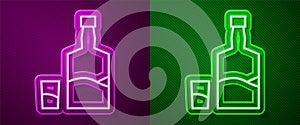 Glowing neon line Tequila bottle and shot glass icon isolated on purple and green background. Mexican alcohol drink