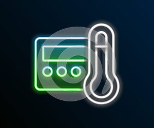 Glowing neon line Thermostat icon isolated on black background. Temperature control. Colorful outline concept. Vector