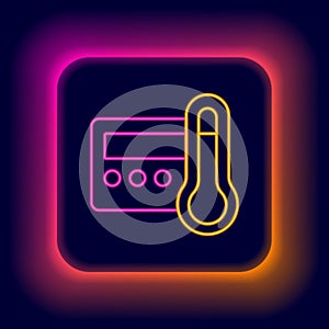 Glowing neon line Thermostat icon isolated on black background. Temperature control. Colorful outline concept. Vector
