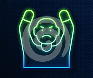 Glowing neon line Thief surrendering hands up icon isolated on blue background. Man surrendering with both hands raised