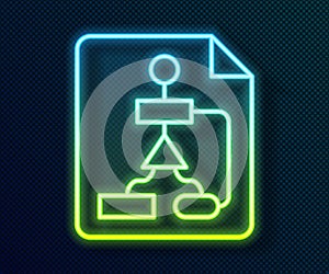 Glowing neon line Tile flowchart for program design or process management plan icon isolated on black background. Block