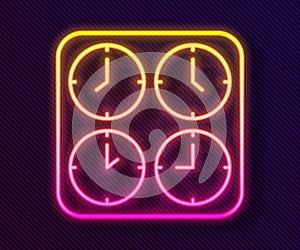 Glowing neon line Time zone clocks icon isolated on black background. Vector
