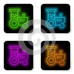 Glowing neon line Tractor icon isolated on white background. Black square button. Vector