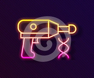 Glowing neon line Transfer liquid gun in biological laborator icon isolated on black background. Vector