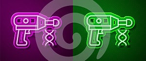 Glowing neon line Transfer liquid gun in biological laborator icon isolated on purple and green background. Vector