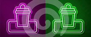 Glowing neon line Trash can icon isolated on purple and green background. Garbage bin sign. Recycle basket icon. Office