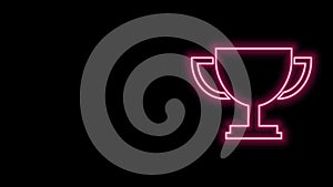 Glowing neon line Trophy cup icon isolated on black background. Award symbol. Champion cup icon. 4K Video motion graphic