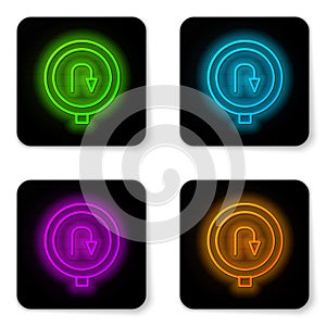 Glowing neon line Turn back road icon isolated on white background. Traffic rules and safe driving. Black square button