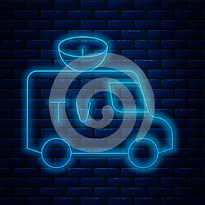 Glowing neon line TV News car with equipment on the roof icon isolated on brick wall background. Vector