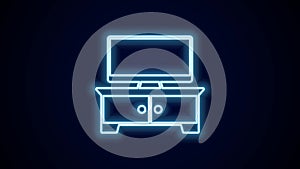 Glowing neon line TV table stand icon isolated on black background. 4K Video motion graphic animation