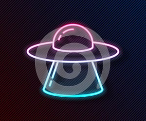 Glowing neon line UFO flying spaceship icon isolated on black background. Flying saucer. Alien space ship. Futuristic
