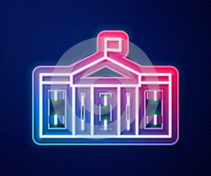 Glowing neon line United States Capitol Congress icon isolated on blue background. Washington DC, USA. Vector