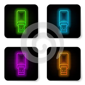 Glowing neon line USB flash drive icon isolated on white background. Black square button. Vector