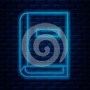 Glowing neon line User manual icon isolated on brick wall background. User guide book. Instruction sign. Read before use