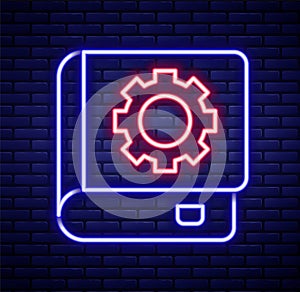 Glowing neon line User manual icon isolated on brick wall background. User guide book. Instruction sign. Read before use