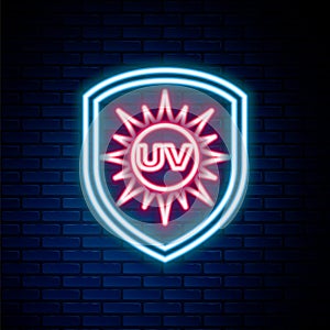 Glowing neon line UV protection icon isolated on brick wall background. Ultra violet rays radiation. SPF sun sign