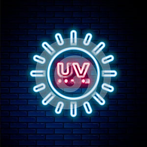 Glowing neon line UV protection icon isolated on brick wall background. Ultra violet rays radiation. SPF sun sign