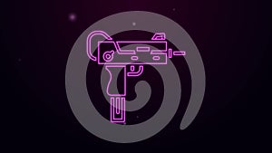 Glowing neon line UZI submachine gun icon isolated on black background. Automatic weapon. 4K Video motion graphic