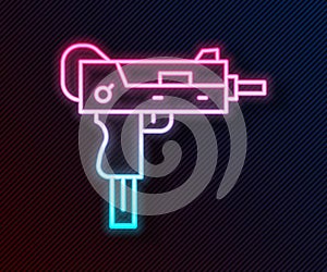 Glowing neon line UZI submachine gun icon isolated on black background. Automatic weapon. Vector