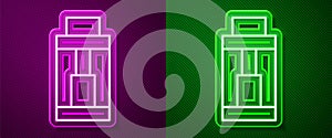 Glowing neon line Vape mod device icon isolated on purple and green background. Vape smoking tool. Vaporizer Device