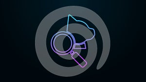 Glowing neon line Veterinary clinic symbol icon isolated on black background. Magnifying glass with cat veterinary care