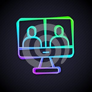 Glowing neon line Video chat conference icon isolated on black background. Computer with video chat interface active