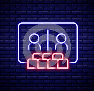 Glowing neon line Video chat conference icon isolated on brick wall background. Online meeting work form home. Remote