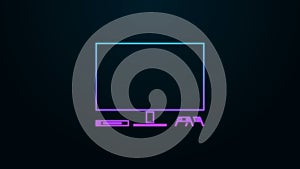 Glowing neon line Video game console icon isolated on black background. Game console with joystick and lcd television