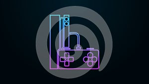 Glowing neon line Video game console with joystick icon isolated on black background. 4K Video motion graphic animation