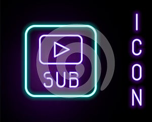 Glowing neon line Video with subtitles icon isolated on black background. Colorful outline concept. Vector photo
