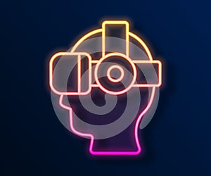Glowing neon line Virtual reality glasses icon isolated on black background. Stereoscopic 3d vr mask. Optical head