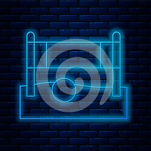 Glowing neon line Volleyball net with ball icon isolated on brick wall background. Vector