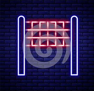 Glowing neon line Volleyball net icon isolated on brick wall background. Colorful outline concept. Vector