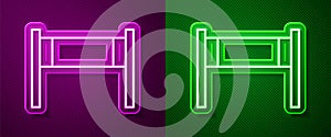 Glowing neon line Volleyball net icon isolated on purple and green background. Vector Illustration