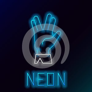 Glowing neon line Vulcan salute icon isolated on black background. Hand with vulcan greet. Spock symbol. Colorful