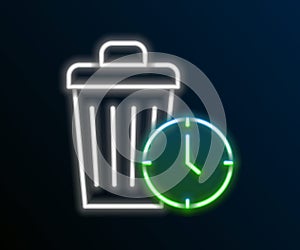 Glowing neon line Waste of time icon isolated on black background. Trash can. Garbage bin sign. Recycle basket icon