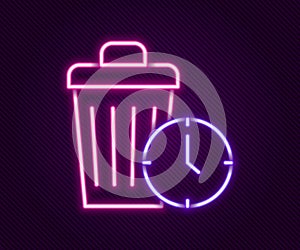 Glowing neon line Waste of time icon isolated on black background. Trash can. Garbage bin sign. Recycle basket icon