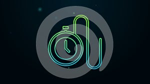 Glowing neon line Watch with a chain icon isolated on black background. 4K Video motion graphic animation