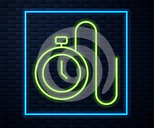 Glowing neon line Watch with a chain icon isolated on brick wall background. Vector