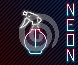 Glowing neon line Water spray bottle icon isolated on black background. Sprinkler for ironing. Colorful outline concept