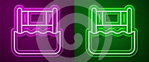 Glowing neon line Water volleyball net icon isolated on purple and green background. Vector