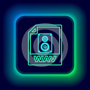Glowing neon line WAV file document. Download wav button icon isolated on black background. WAV waveform audio file